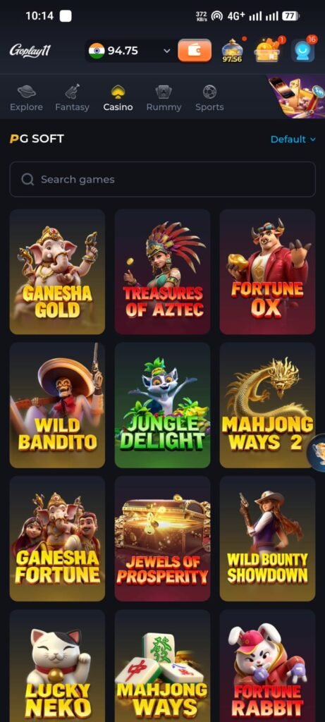 GoPlay11 app home screen showing online gaming features